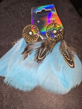 Festival Boho Earrings – Blue Feather Dreamcatcher Mandala Dangle Handmade 249